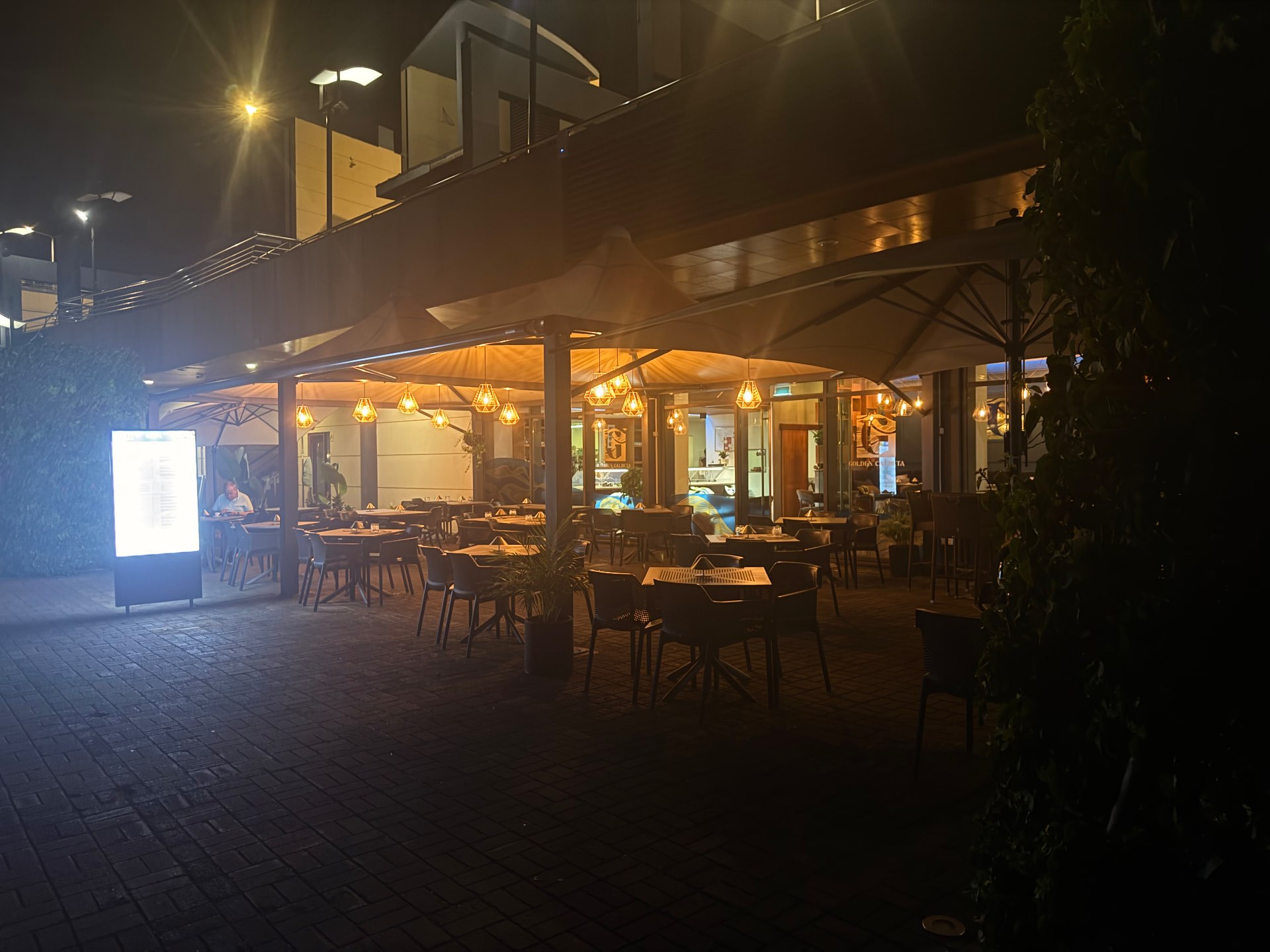 Golden Calheta terrace around 22:00; Mike says it had been busier earlier.