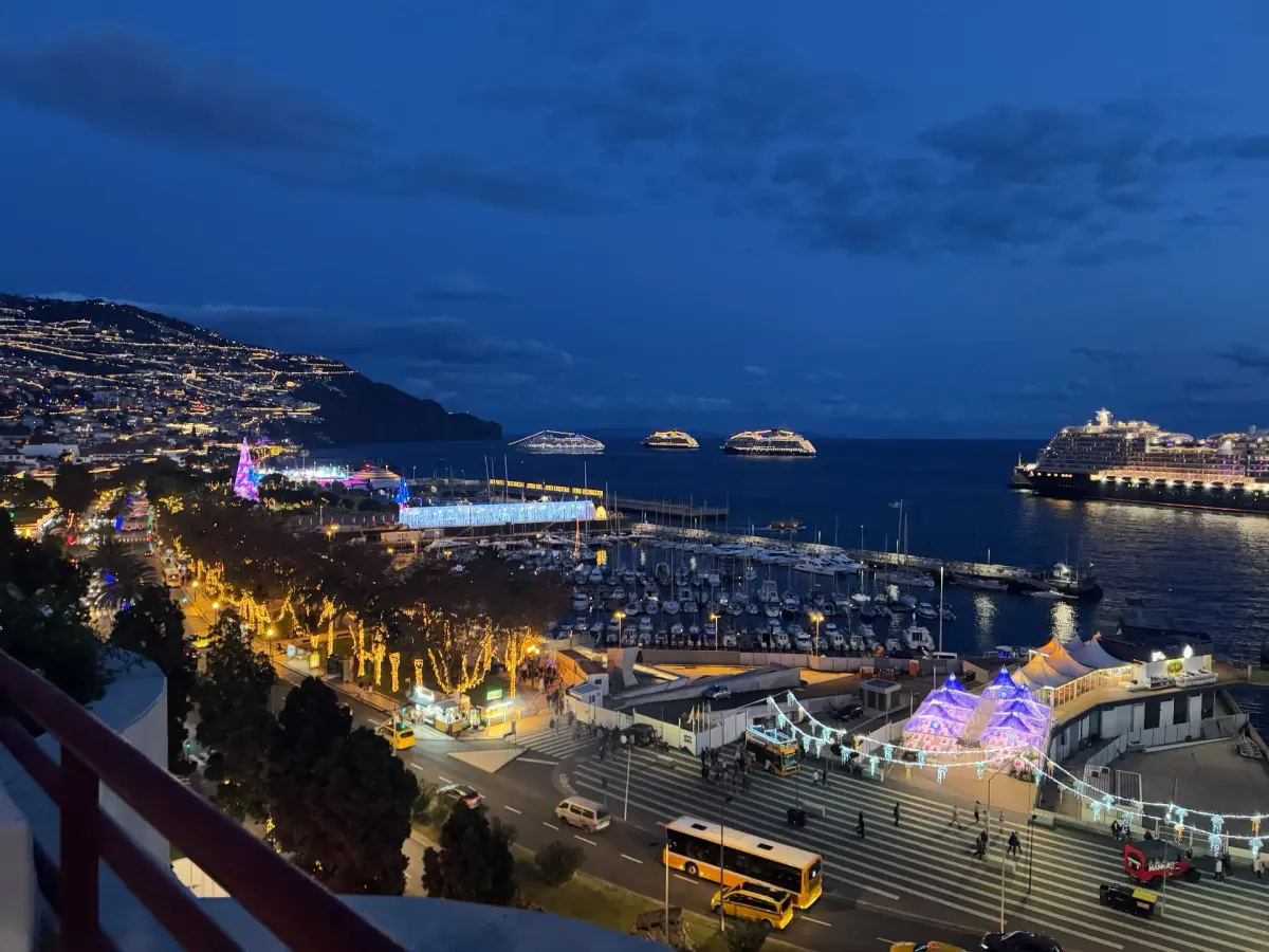 Funchal a marina à noite, com as luzes da cidade na encosta ao fundo