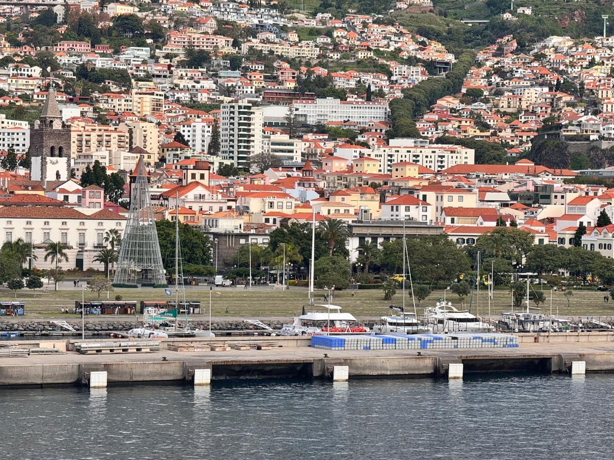 Funchal a torre da catedral, a marina e a cidade situada na encosta, vistas do mar