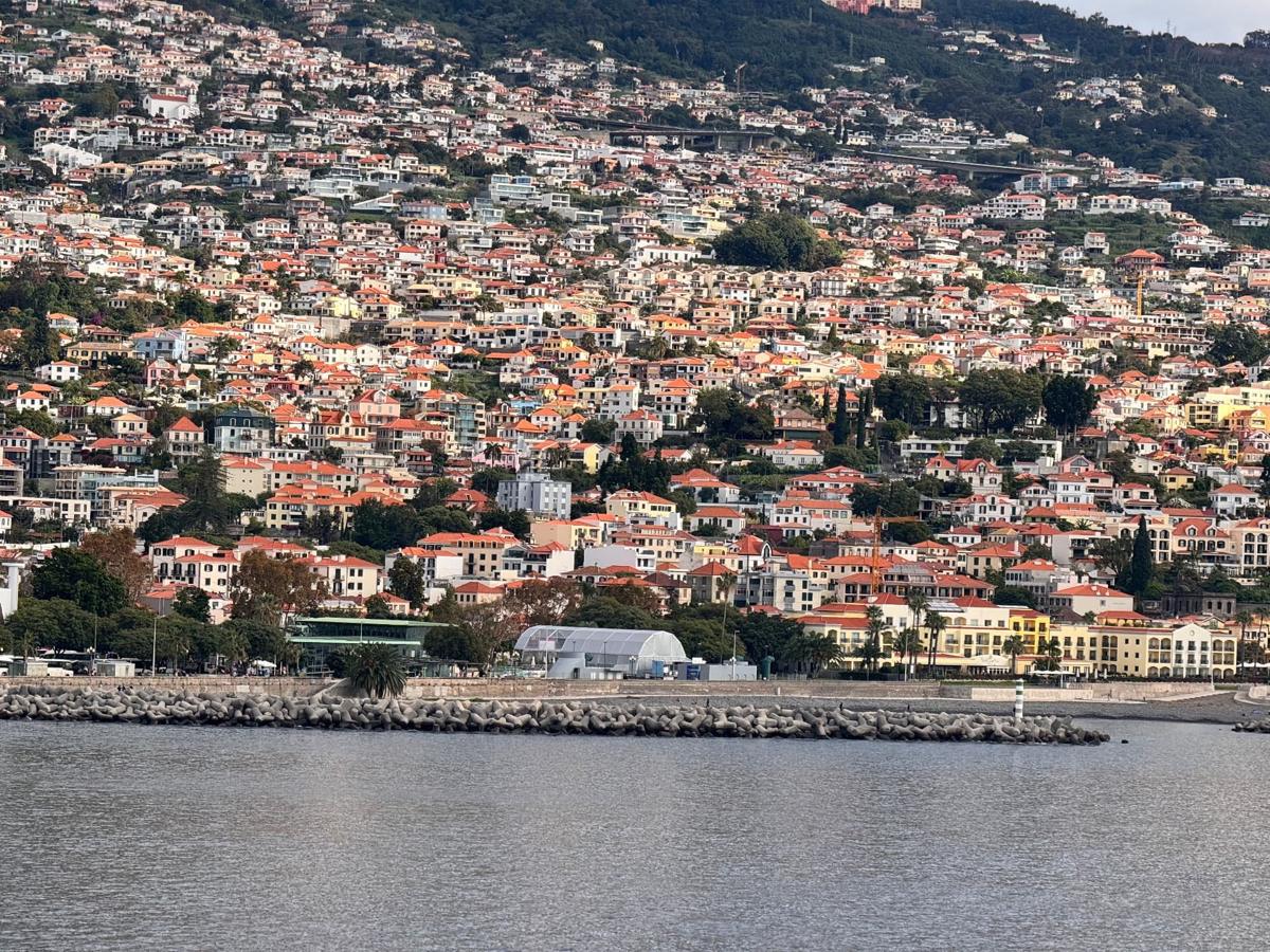 Casas de telhado vermelho que se estendem pelas colinas acima de Funchal